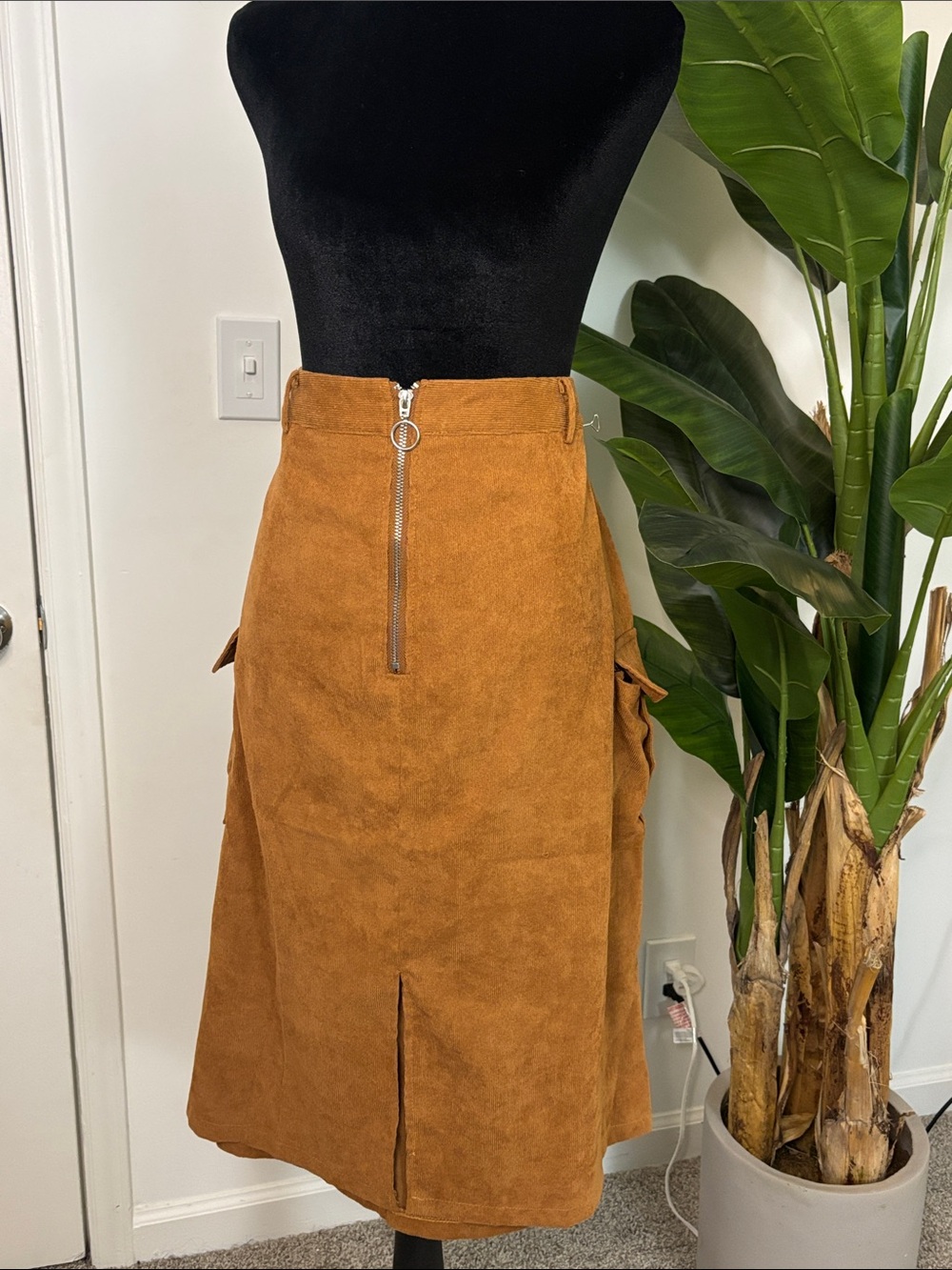 SHEIN Tan Suede-Look Midi Skirt with Front Zip